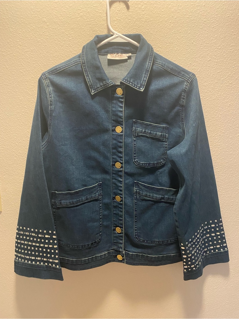 DG2 Diane Gilman stretch denim chore jacket rhinestone cuffs buttons pockets L